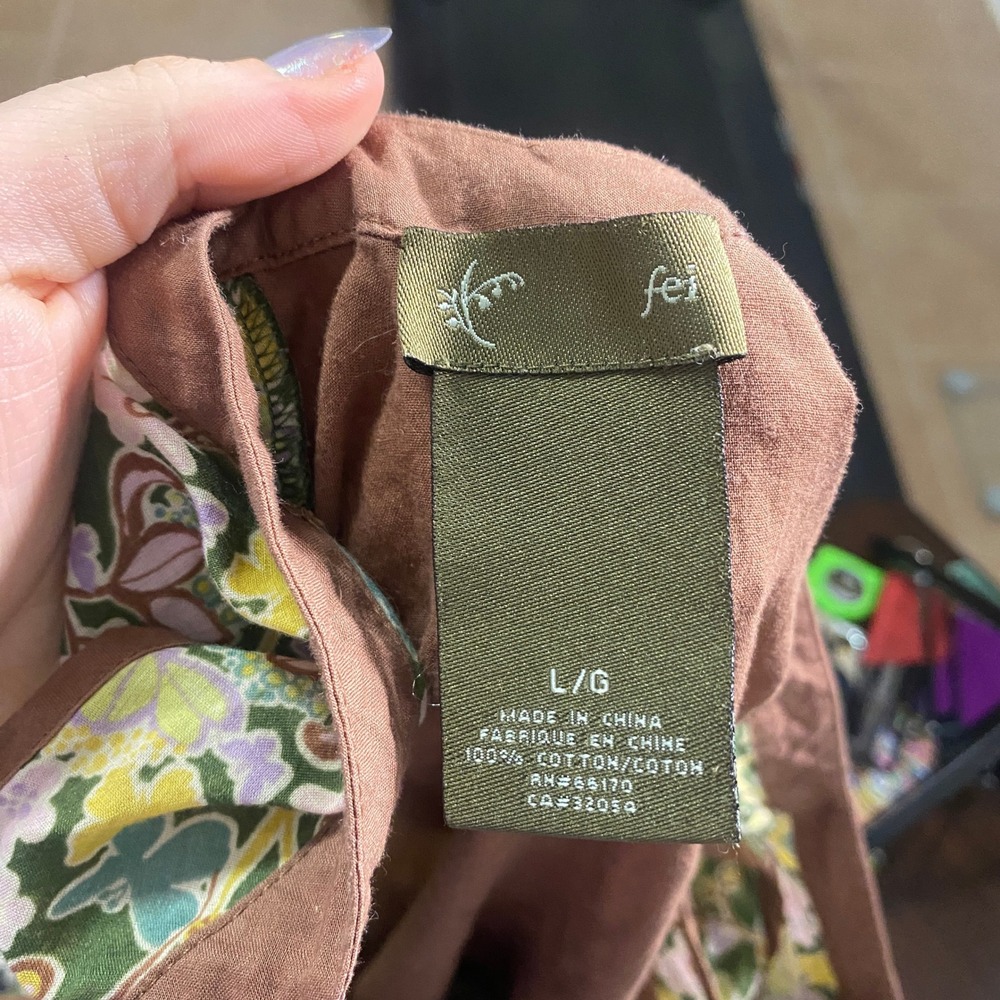 Vintage Y2K Fei L 100% Cotton Brown Green Boho Floral Swiss Dot Button Up Tank - Picture 6 of 8